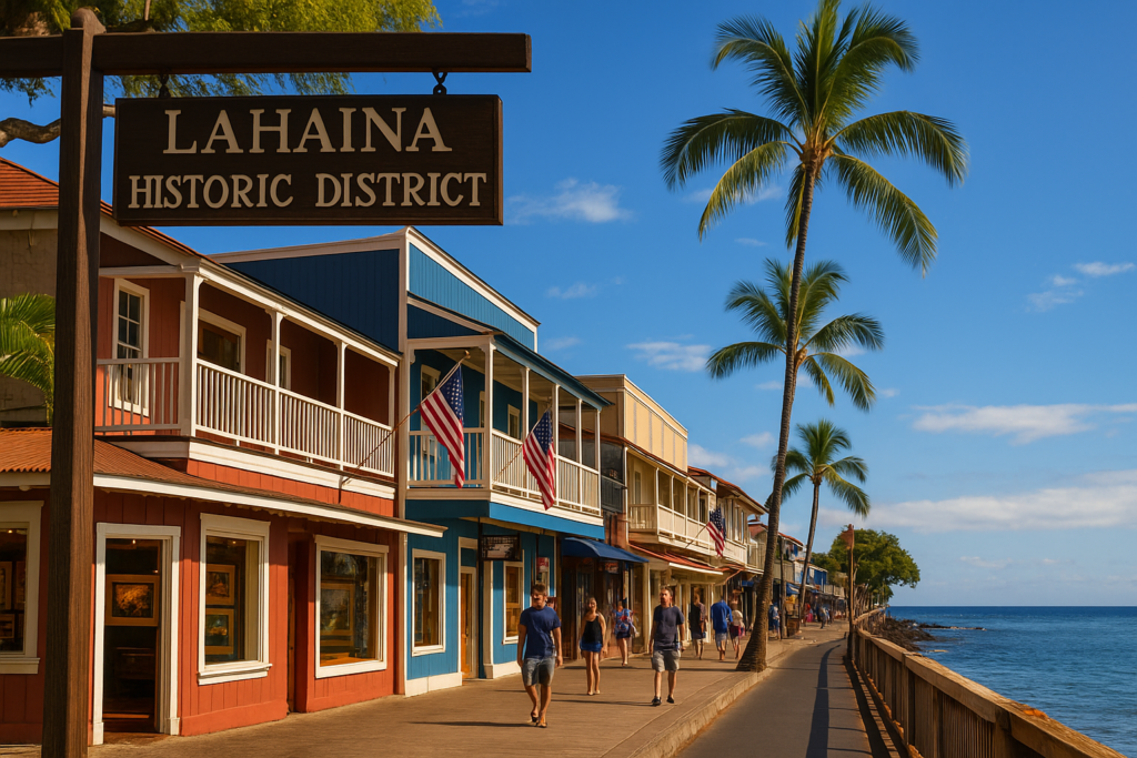Rue principale de Lahaina Historic District à Maui avec bâtiments colorés, palmiers et océan en arrière-plan