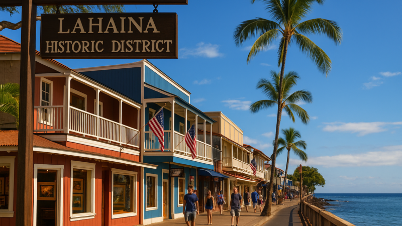 Rue principale de Lahaina Historic District à Maui avec bâtiments colorés, palmiers et océan en arrière-plan