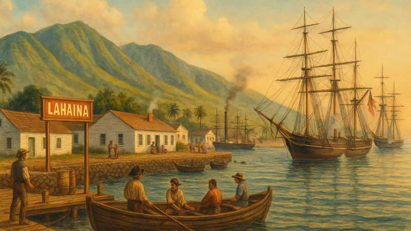 Vue historique de Lahaina au 19e siècle avec bateaux baleiniers, maisons en bois, montagnes verdoyantes et port animé