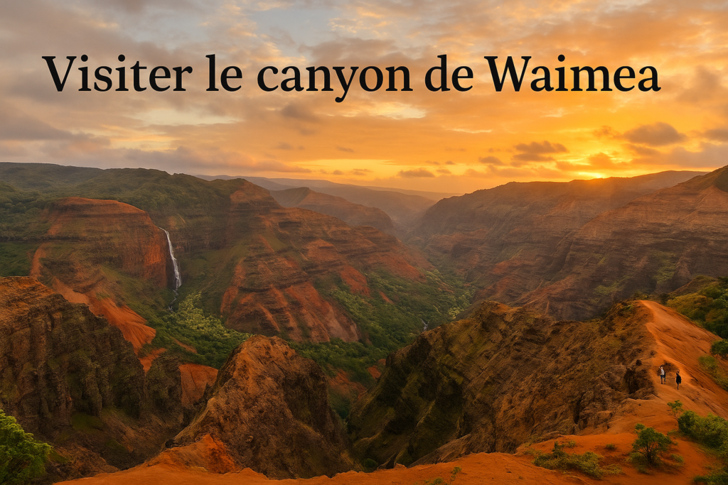 Vue panoramique du canyon de Waimea à Kaua’i au coucher du soleil avec falaises rouges et randonneurs