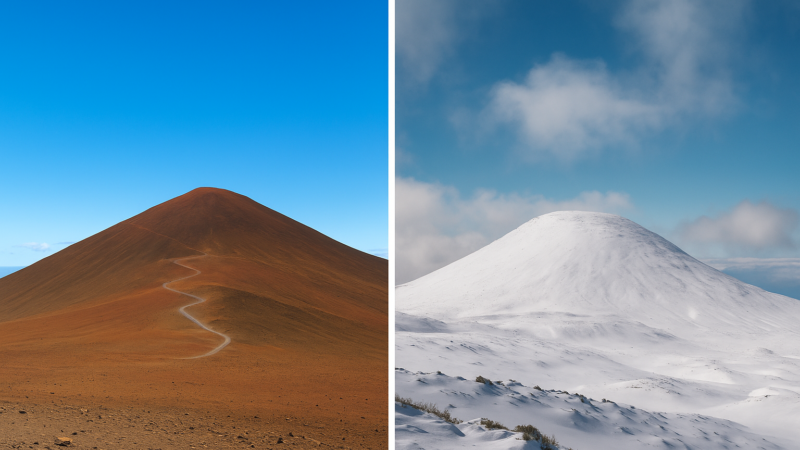 À gauche : ciel dégagé au sommet du Mauna Kea en été. À droite : paysage enneigé sur le Mauna Kea en hiver.