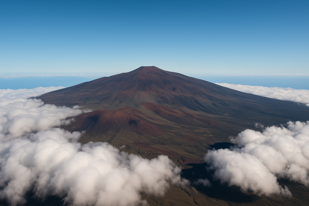 Le Mauna Kea à Hawaii, volcan sacré culminant à 4 207 mètres, au-dessus des nuages et célèbre pour l'observation des étoiles.