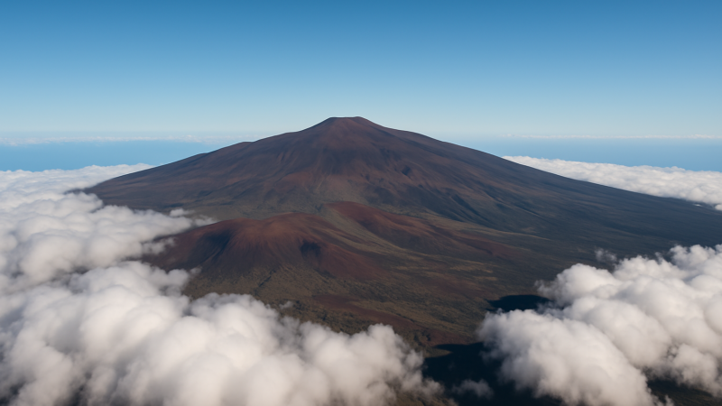 Le Mauna Kea à Hawaii, volcan sacré culminant à 4 207 mètres, au-dessus des nuages et célèbre pour l'observation des étoiles.