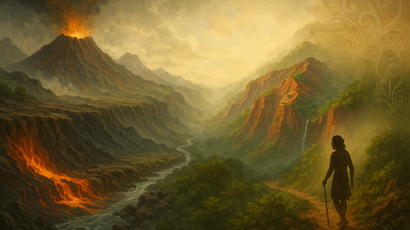 Peinture illustrant la formation du canyon de Waimea avec une éruption volcanique et un ancien Hawaïen marchant dans la vallée