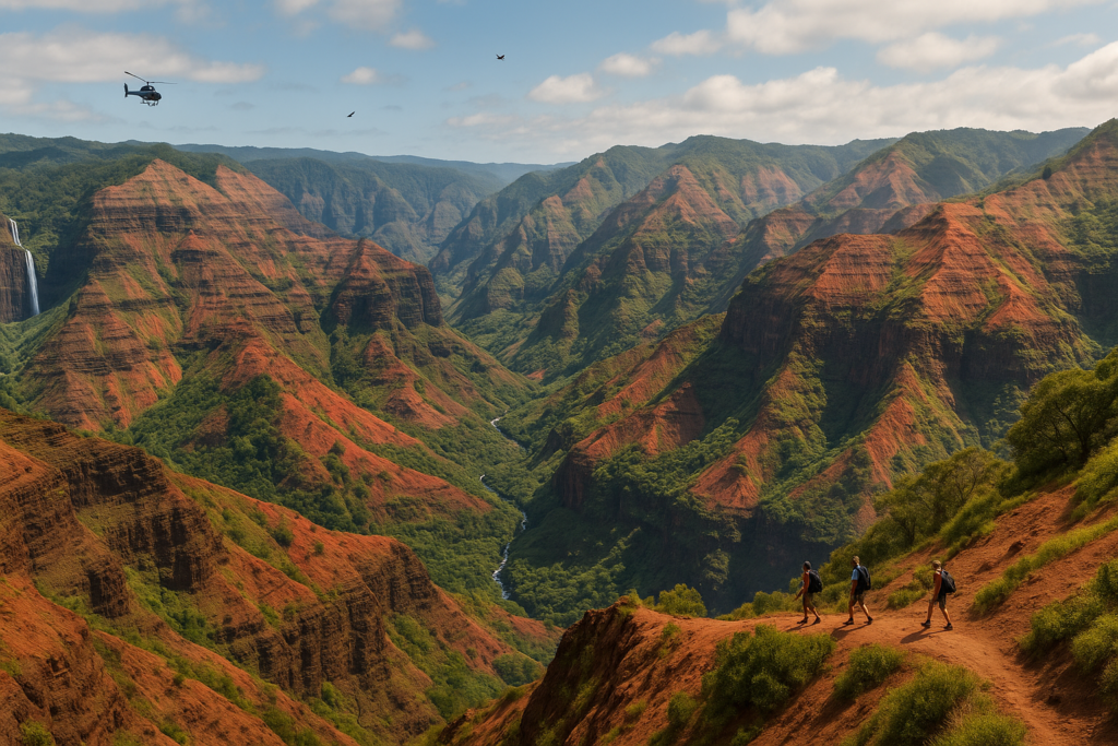 Panorama du canyon de Waimea avec falaises rouges, végétation luxuriante, randonneurs sur un sentier et hélicoptère en vol