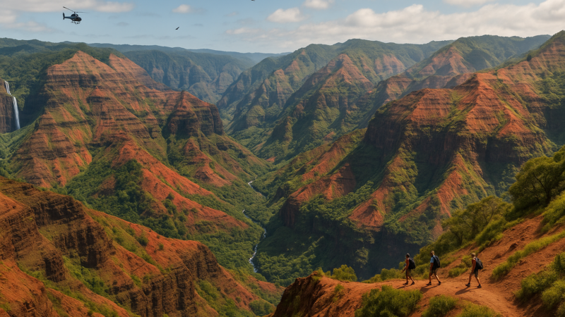 Panorama du canyon de Waimea avec falaises rouges, végétation luxuriante, randonneurs sur un sentier et hélicoptère en vol