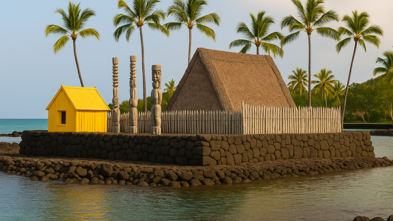 Vue d’Ahu‘ena Heiau, temple traditionnel hawaïen en bord de mer à Kailua-Kona