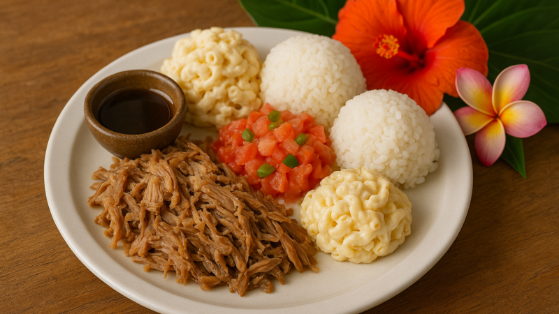 Assiette de déjeuner hawaïen avec porc kalua effiloché, riz blanc, salade de macaroni, lomi-lomi saumon et sauce, servie sur une table en bois avec des fleurs tropicales en décoration.