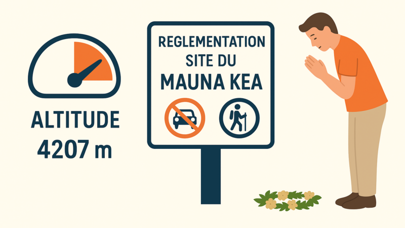 Panneau d’information sur les règles de visite au Mauna Kea, avec altitude indiquée, pictogrammes de réglementation et visiteur respectueux déposant un lei.
