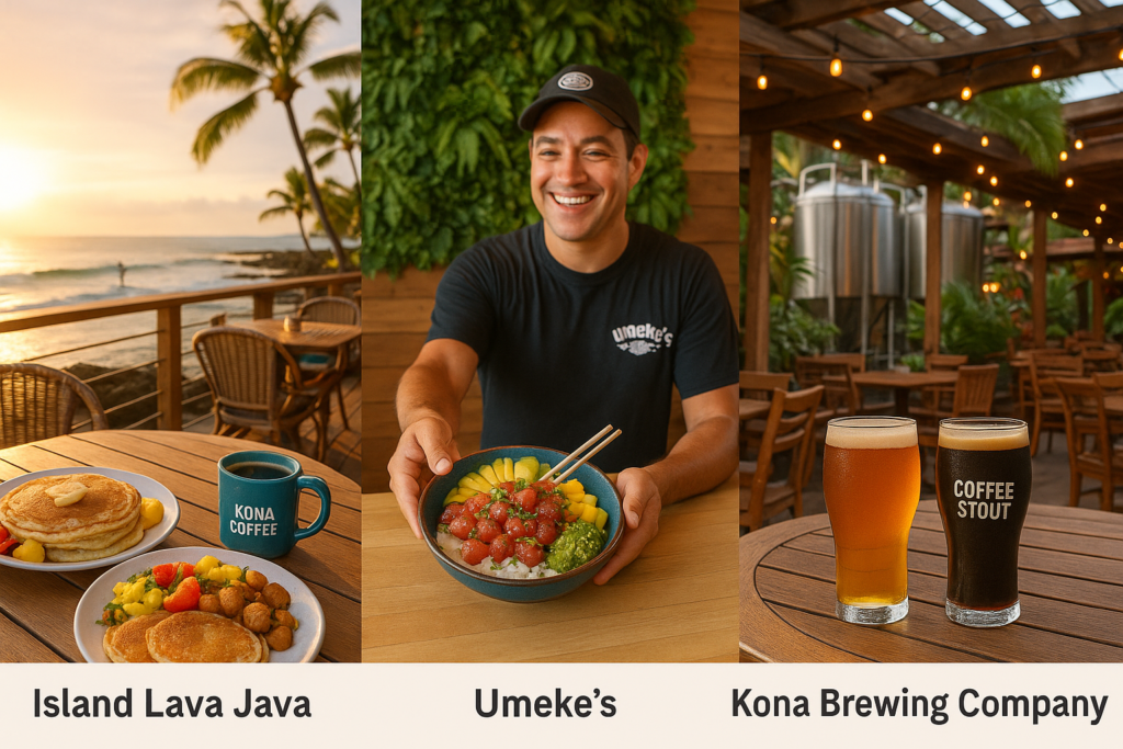 Trois établissements culinaires à Kona : Island Lava Java en bord de mer avec un petit-déjeuner et du café Kona, Umeke’s avec un poke bowl servi par un employé souriant, et Kona Brewing Company avec deux bières artisanales, dont une au café.