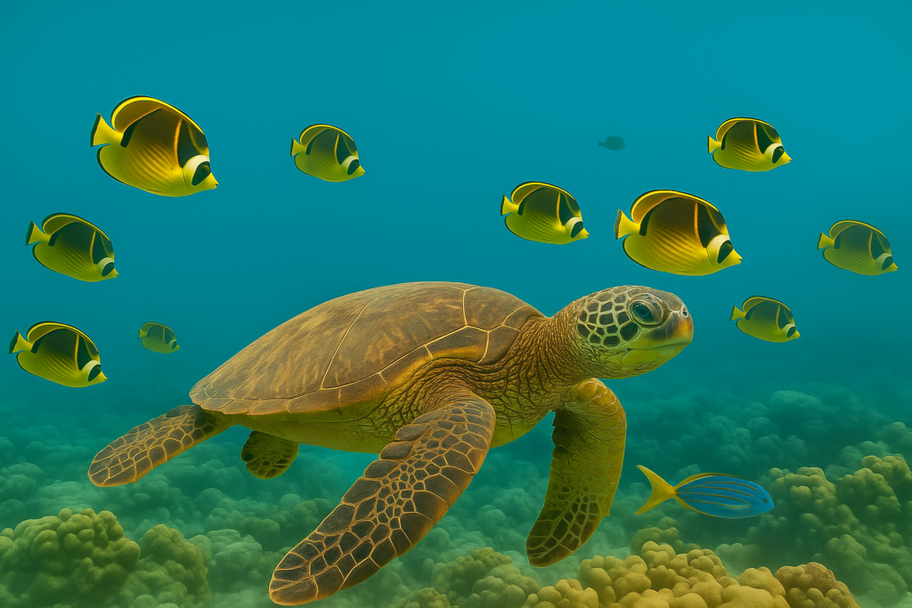 Tortue verte nageant au-dessus d’un récif corallien, entourée de poissons tropicaux colorés