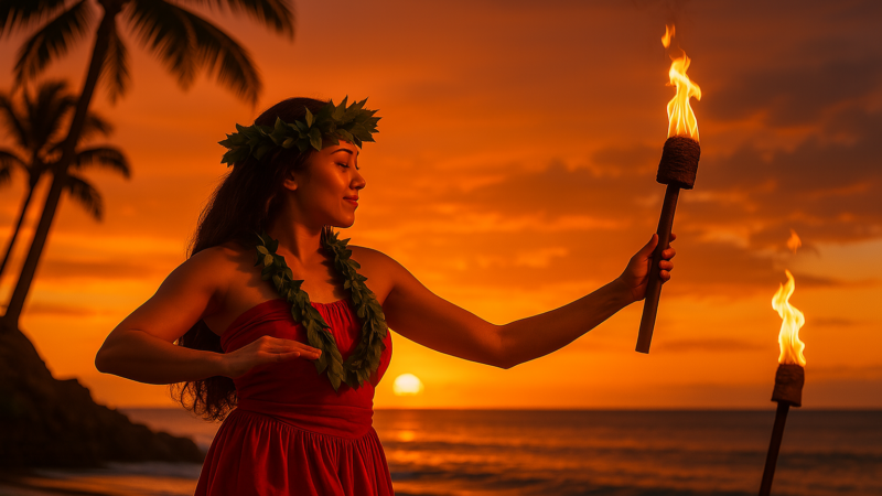 Danseuse hawaïenne effectuant un hula au coucher du soleil avec une torche sur la plage