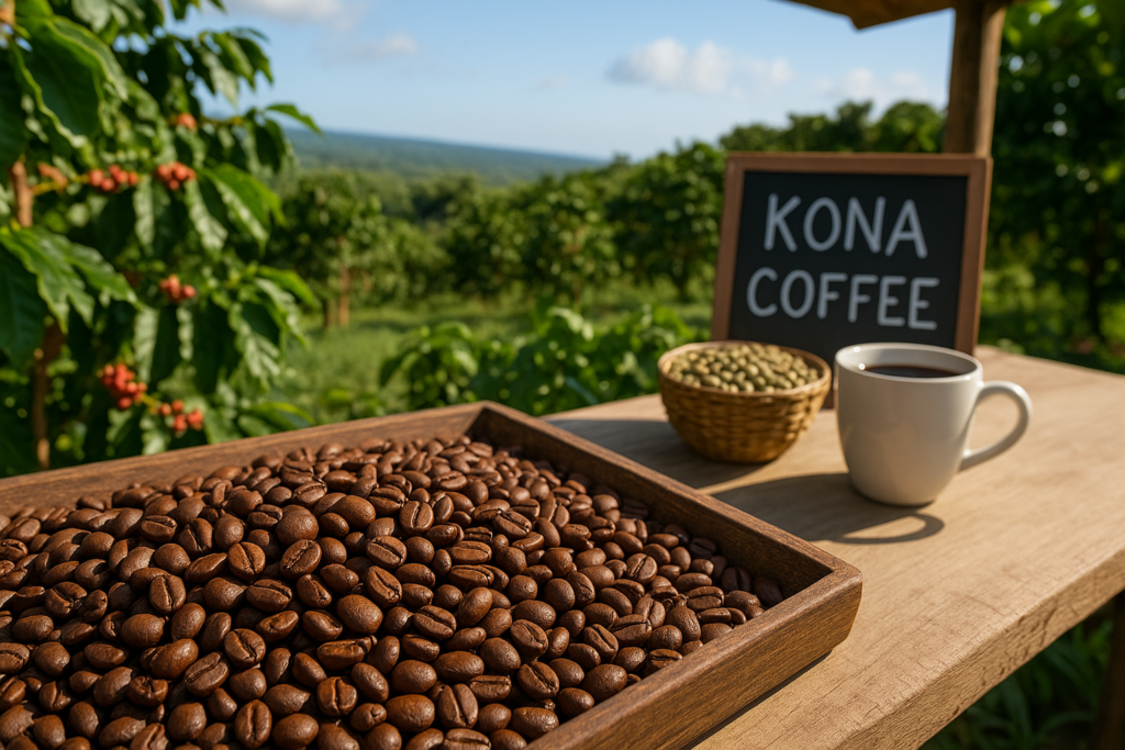 Plateau de grains de café Kona fraîchement torréfiés sur une table en bois, avec un stand de dégustation en plein air et une plantation de café en arrière-plan à Hawaï.