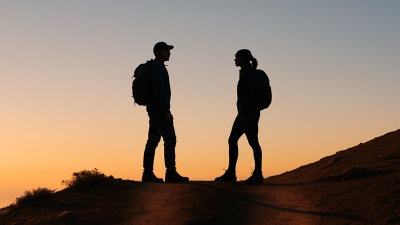 Silhouettes de randonneurs sur les sentiers arides du Mauna Kea au coucher du soleil