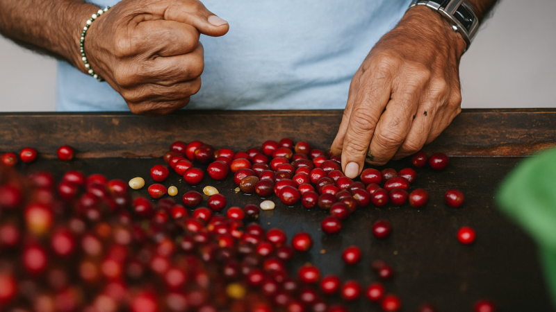 Gros plan sur des mains triant des cerises de café Kona rouges fraîchement récoltées dans une ferme d’Hawaï.