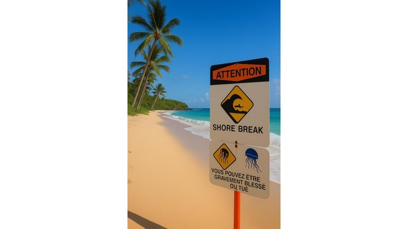 Panneau d’avertissement en français sur une plage d’Hawaï, signalant un shore break dangereux et la présence de méduses, avec palmiers, sable doré et océan turquoise en arrière-plan.