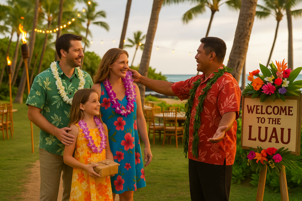 Famille souriante accueillie à un luau hawaïen avec colliers de fleurs, hôte local et décor tropical festif