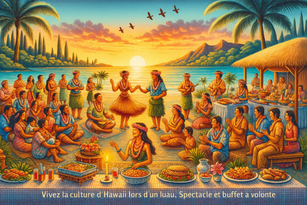 Célébration d’un luau traditionnel à Hawaii au coucher du soleil avec danses, musiciens, invités et buffet sur la plage