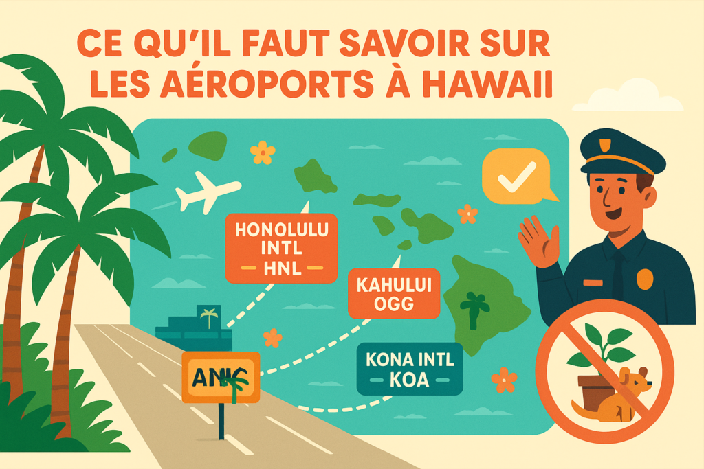 Infographie carte d’Hawaii montrant les aéroports HNL, OGG et KOA, une piste bordée de palmiers, un douanier souriant et un pictogramme interdiction plantes/animaux.
