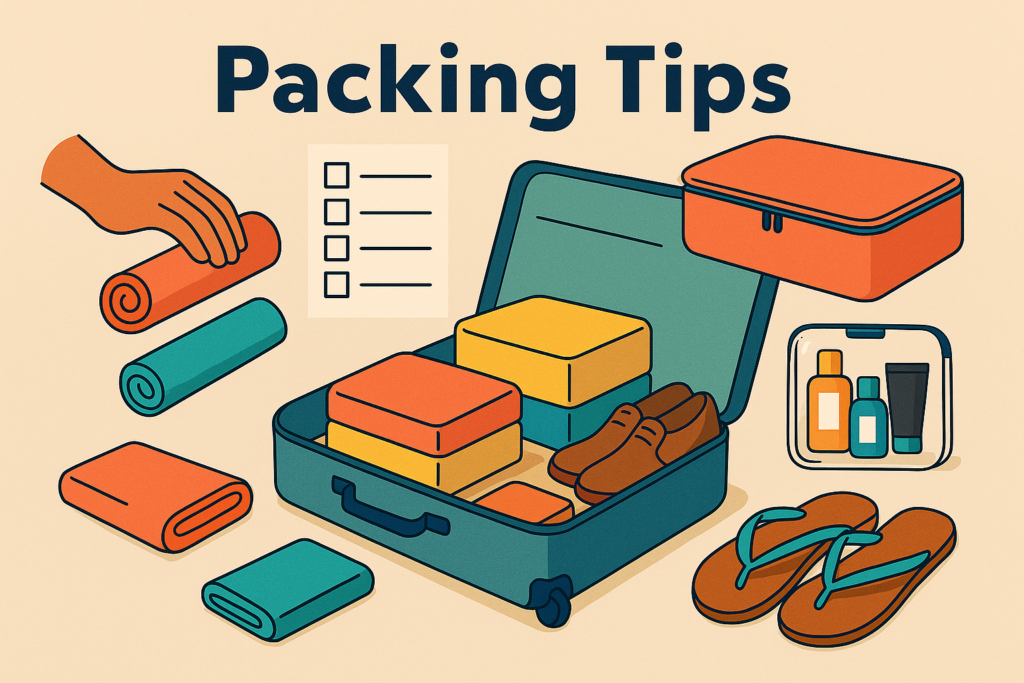 Illustration graphique d’une valise ouverte avec vêtements roulés, cubes d’emballage, checklist et accessoires de voyage comme des chaussures, des tongs et des flacons de toilette