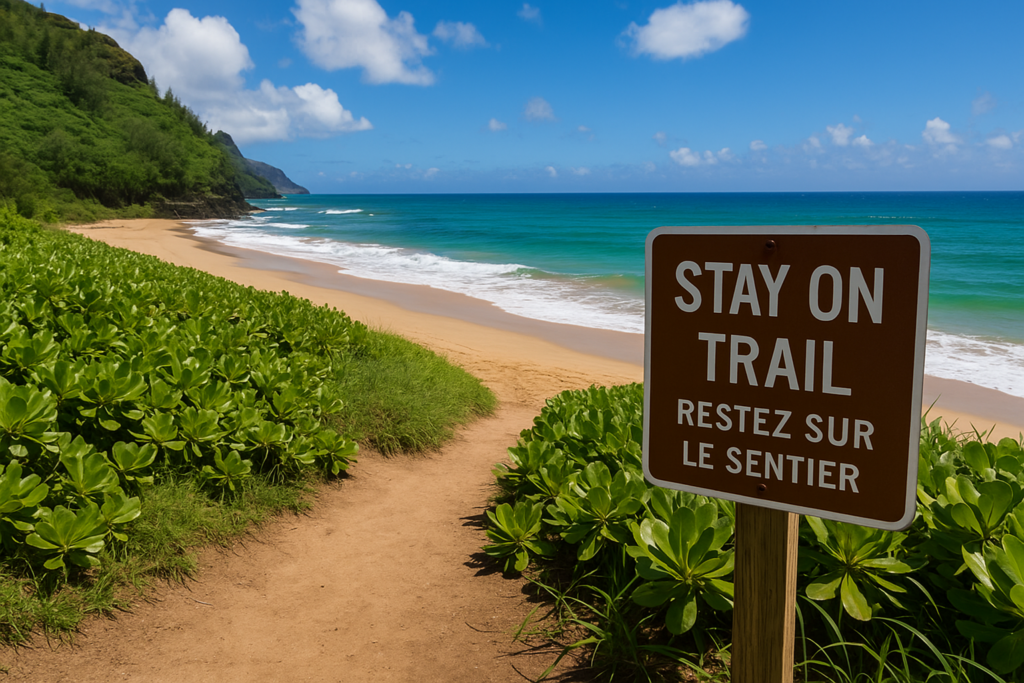 Sentier côtier à Hawaii avec un panneau indiquant 'Restez sur le sentier' près d’une plage sauvage