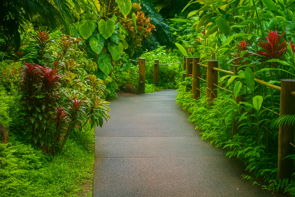 Sentier en béton légèrement mouillé serpentant entre une végétation tropicale luxuriante, bordé de poteaux en bois et de fougères, dans un jardin botanique d’Hawaï.