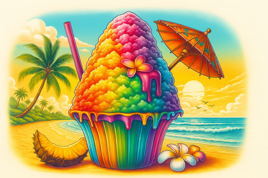 Shave ice arc-en-ciel sur une plage hawaïenne avec un coucher de soleil, symbolisant les plaisirs locaux à petit prix.