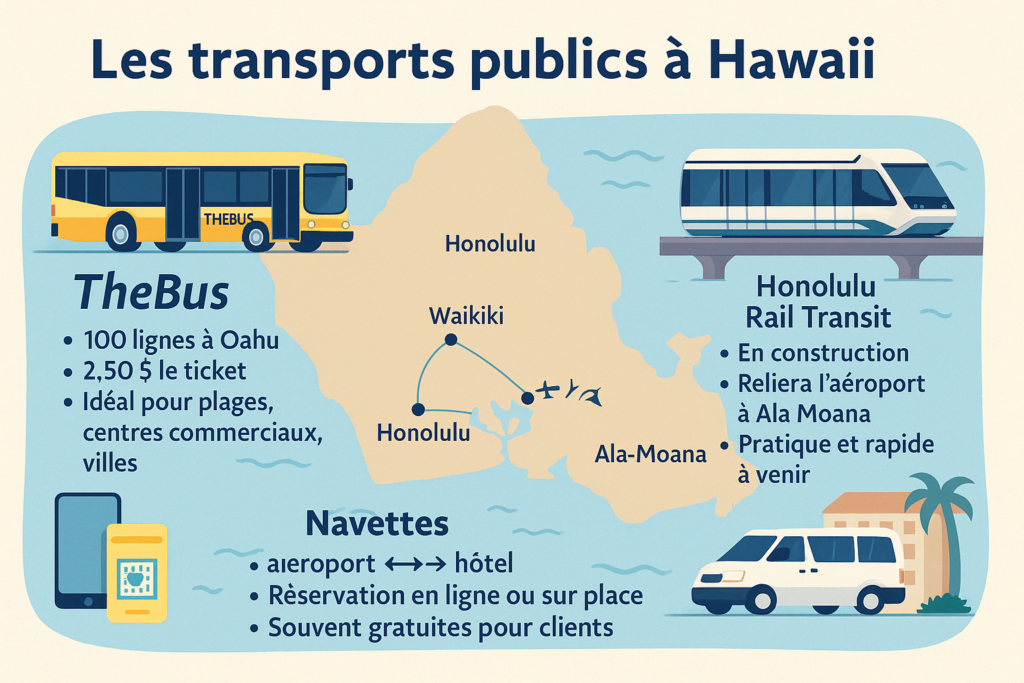 Infographie des transports publics à Hawaï : bus TheBus, train Honolulu Rail Transit et navettes locales