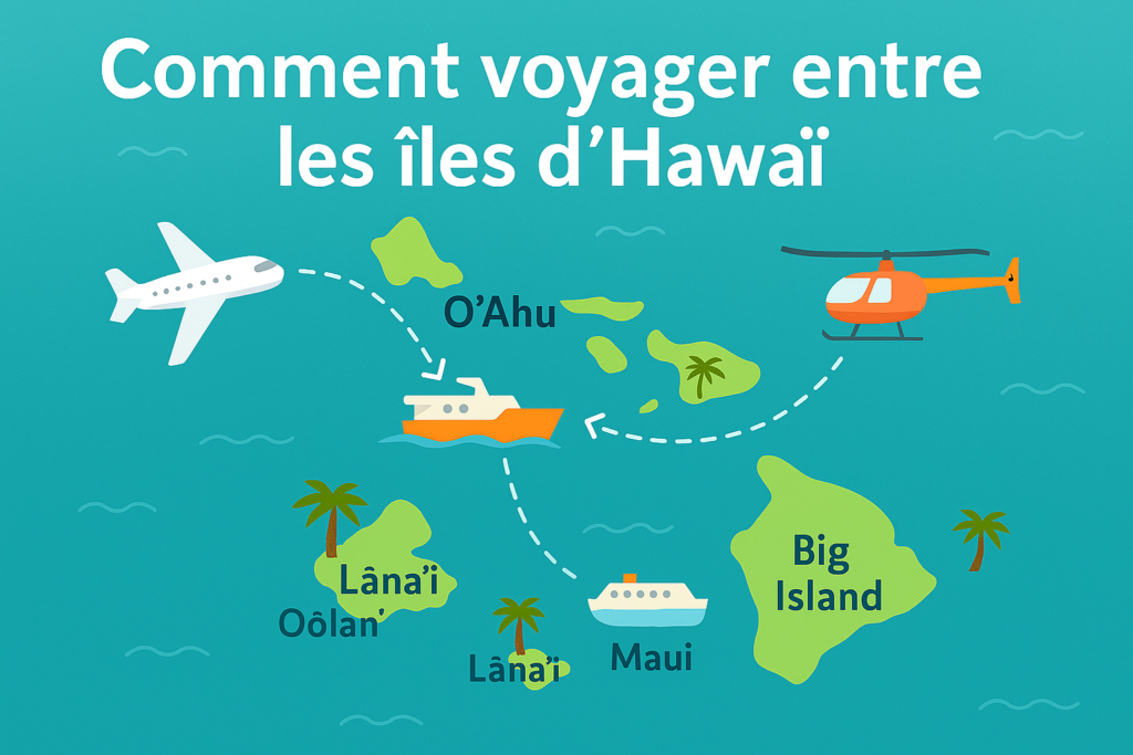 Carte illustrée des moyens de transport entre les îles d’Hawaï : avion, ferry et hélicoptère