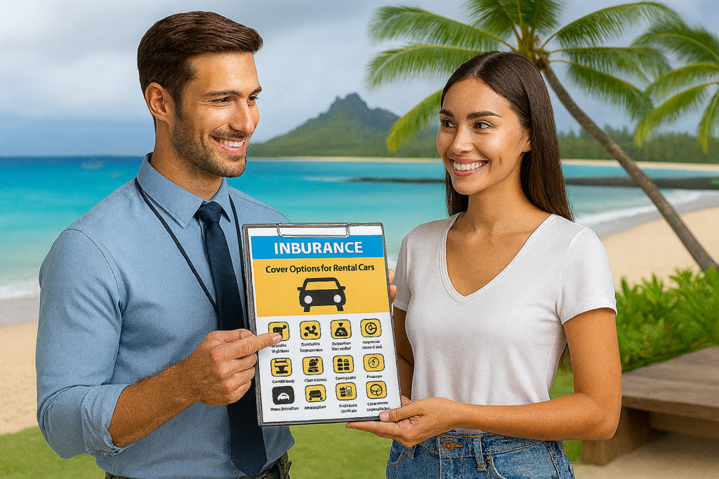 Agent expliquant les assurances de location de voiture à une cliente sur une plage tropicale à Hawaii