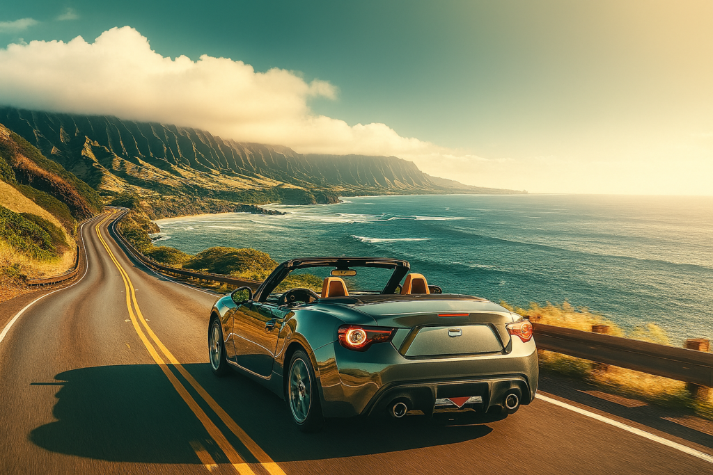 Cabriolet roulant sur une route côtière à Hawaii avec vue sur l’océan et les montagnes