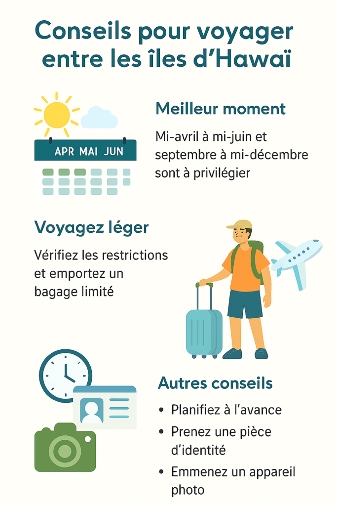 Infographie avec des conseils pratiques pour voyager entre les îles d’Hawaï : meilleure période, bagages et recommandations utiles