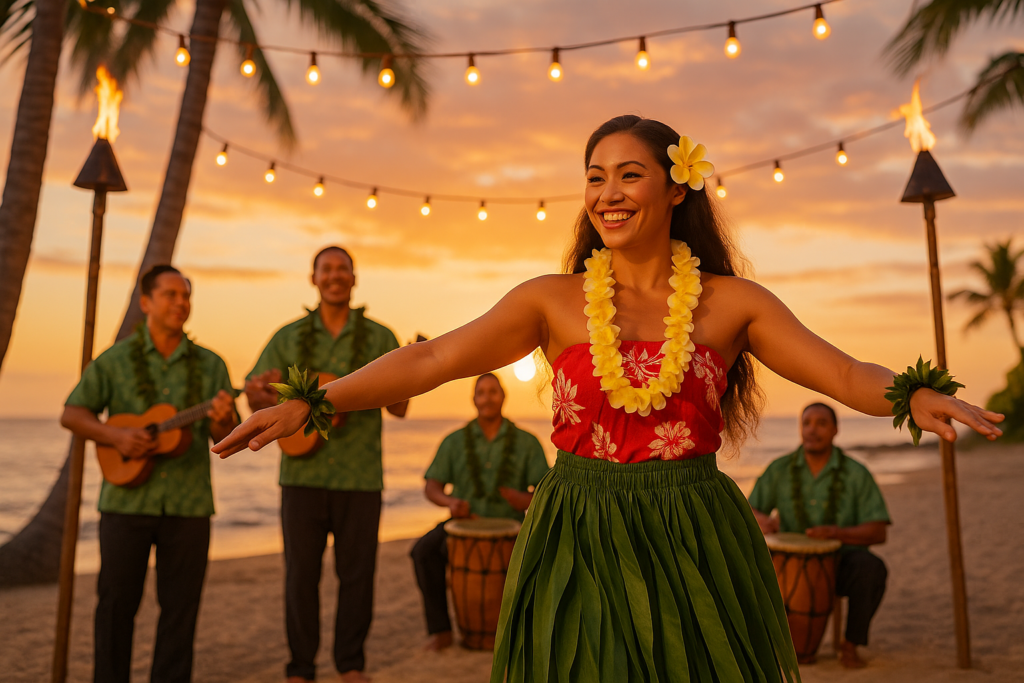 Danseuse de hula exécutant une chorégraphie traditionnelle au coucher du soleil, accompagnée de musiciens hawaïens sur une plage éclairée par des torches