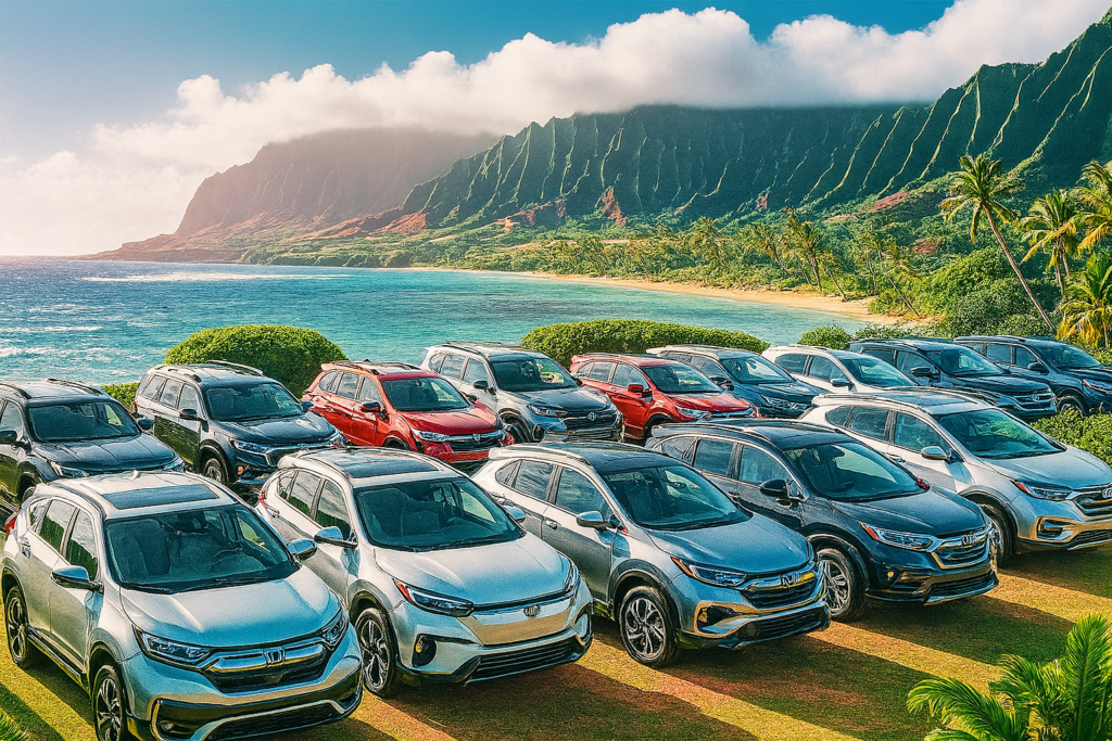 SUVs et voitures de location garés en bord de mer à Hawaii, avec montagnes et cocotiers en arrière-plan