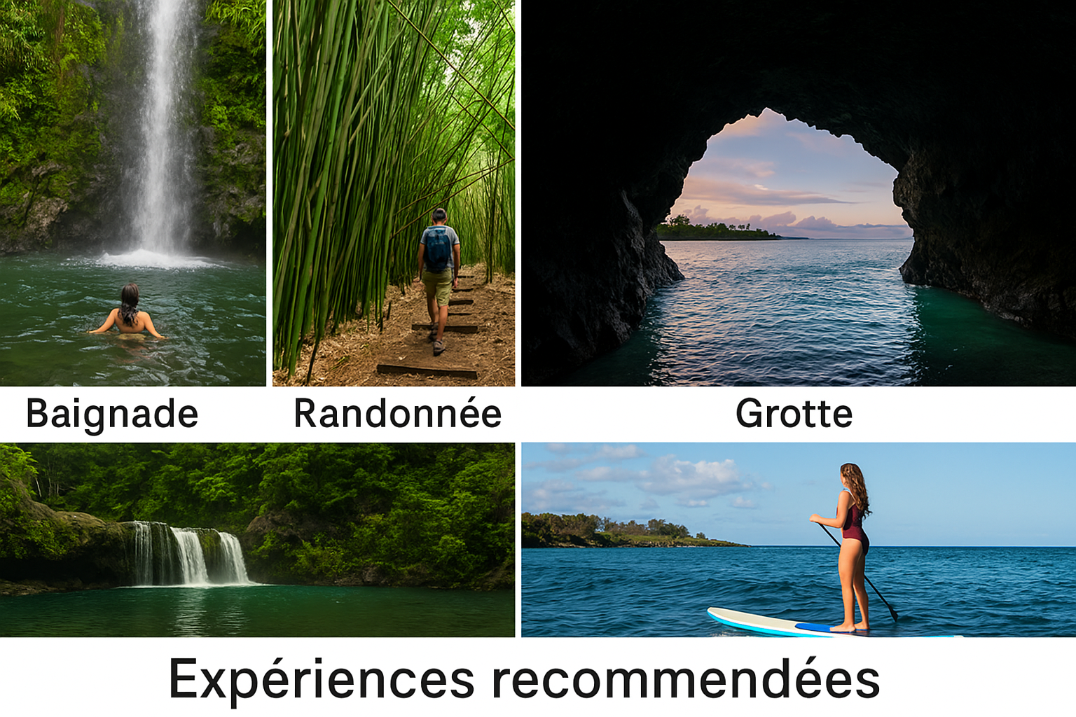 Collage illustrant quatre expériences sur la route de Hana : baignade sous une cascade, randonnée dans une forêt de bambous, visite d’une grotte en bord de mer, et paddle sur l’océan