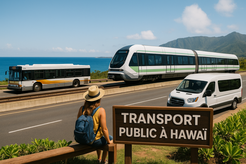 Illustration d’un voyageur utilisant les transports publics à Hawaï, profitant du paysage tropical sans voiture