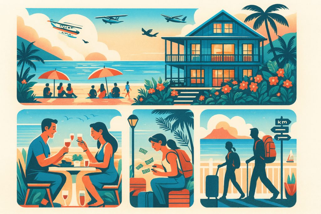 Illustration stylisée de voyageurs à Hawaii : couple au restaurant, famille sur la plage, randonneurs, maison de location et scène de dépenses en voyage