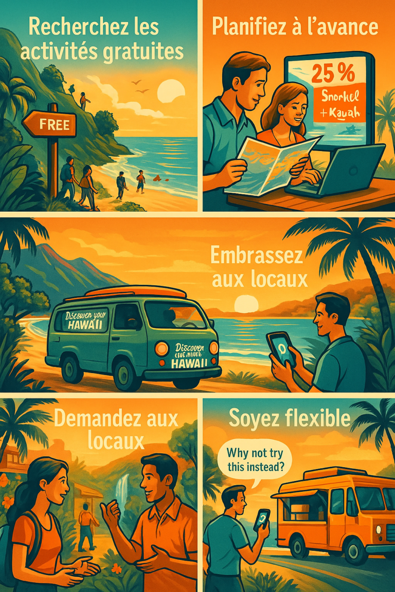 Illustration en cinq scènes montrant des astuces pour voyager à Hawaii sans se ruiner : activités gratuites, réservation à l’avance, aventure DIY, conseils locaux et flexibilité