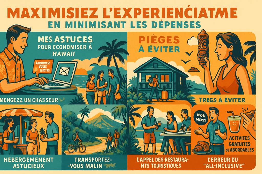 Illustration infographique sur les astuces et pièges à éviter pour voyager à Hawaii sans se ruiner : repas locaux, hébergement malin, activités abordables, transports économiques
