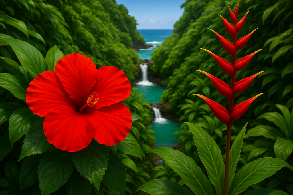 Gros plan d’un hibiscus rouge flamboyant et d’une hampe d’héliconia devant une vallée tropicale avec cascade et océan à Hawaï.