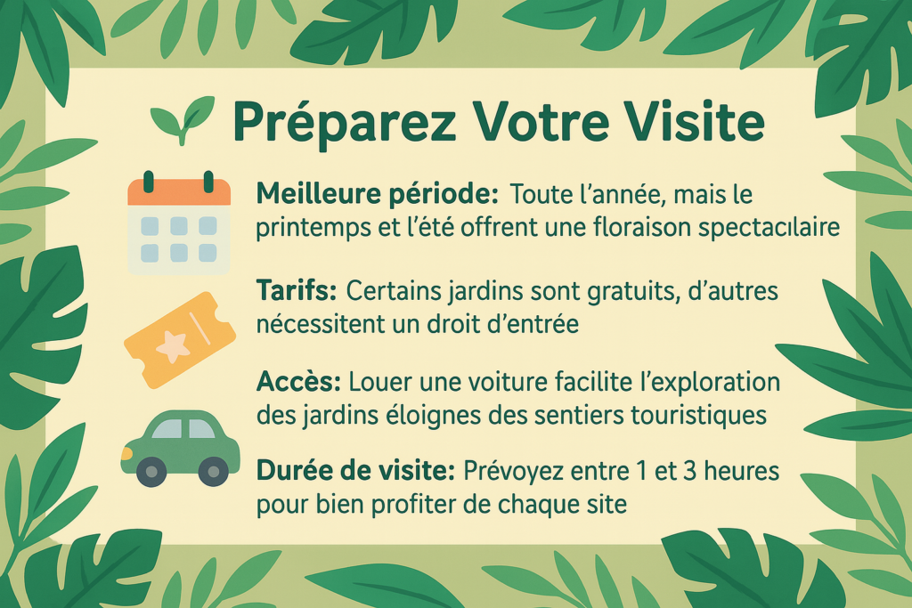 Infographie “Préparez votre visite” : encadrée de feuilles tropicales, elle présente quatre conseils illustrés par des icônes (calendrier, ticket, voiture, sablier) sur la meilleure période, les tarifs, l’accès et la durée pour visiter les jardins botaniques d’Hawaï.