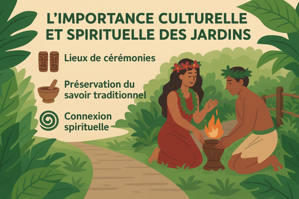 Infographie “L’Importance culturelle et spirituelle des jardins” : scène hawaïenne stylisée avec un couple effectuant un rituel près d’un feu sacré, entouré de feuillages tropicaux, et trois puces illustrées (lieux de cérémonies, préservation du savoir traditionnel, connexion spirituelle).