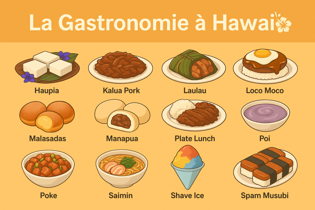 Illustration des plats typiques hawaïens, incluant Haupia, Kalua Pork, Laulau, Loco Moco, Malasadas, Manapua, Plate Lunch, Poi, Poke, Saimin, Shave Ice et Spam Musubi sur un fond orange avec le titre "La Gastronomie à Hawaii.