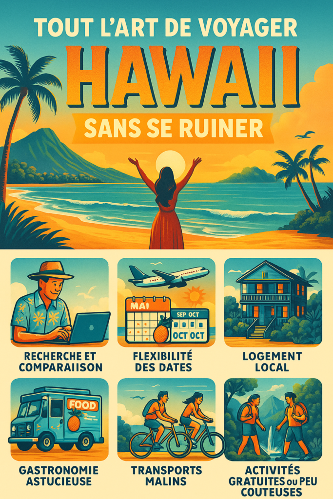 Affiche illustrée montrant des conseils pour voyager à Hawaii sans se ruiner : recherche, flexibilité, logement local, gastronomie, transports et activités gratuites