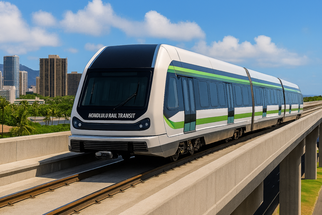 Photographie d’un train du Honolulu Rail Transit à Hawaï, reliant l’aéroport aux quartiers principaux de l’île d’Oʻahu