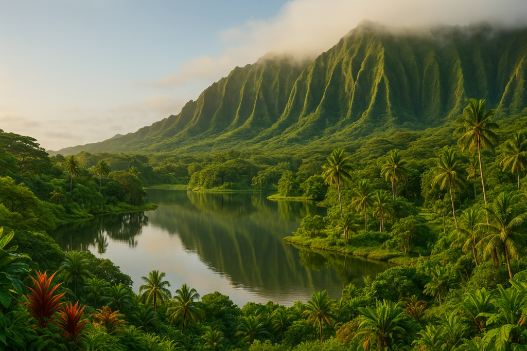 Vue panoramique du lac de Ho‘omaluhia au lever du soleil, encadré de palmiers et des falaises verdoyantes Koʻolau, sur l’île d’Oʻahu à Hawaï.