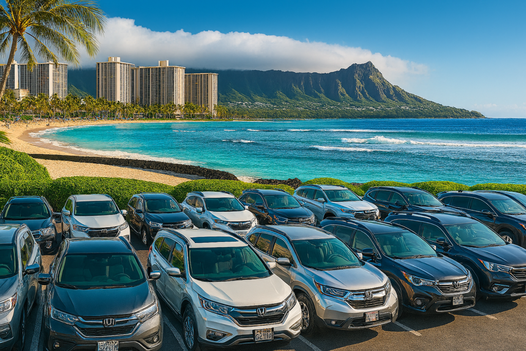 Voitures de location garées face à la plage de Waikiki à Hawaii, avec Diamond Head en arrière-plan