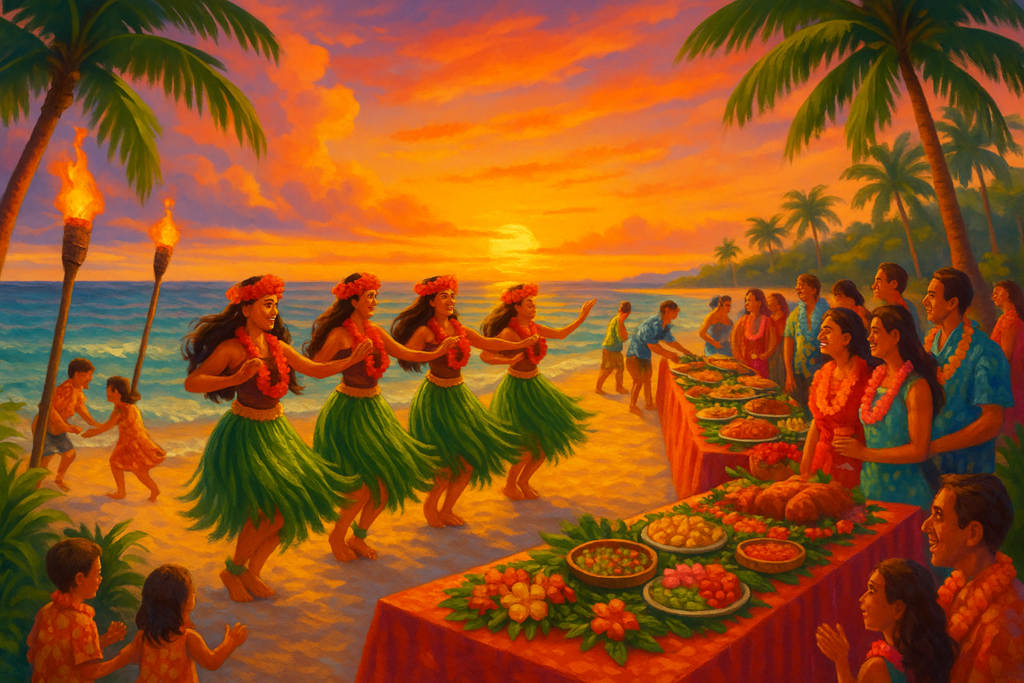 Des danseuses de hula se produisent au coucher du soleil lors d’un luau hawaïen sur la plage, tandis que les invités savourent un buffet traditionnel dans une ambiance festive avec des palmiers et des torches tiki.