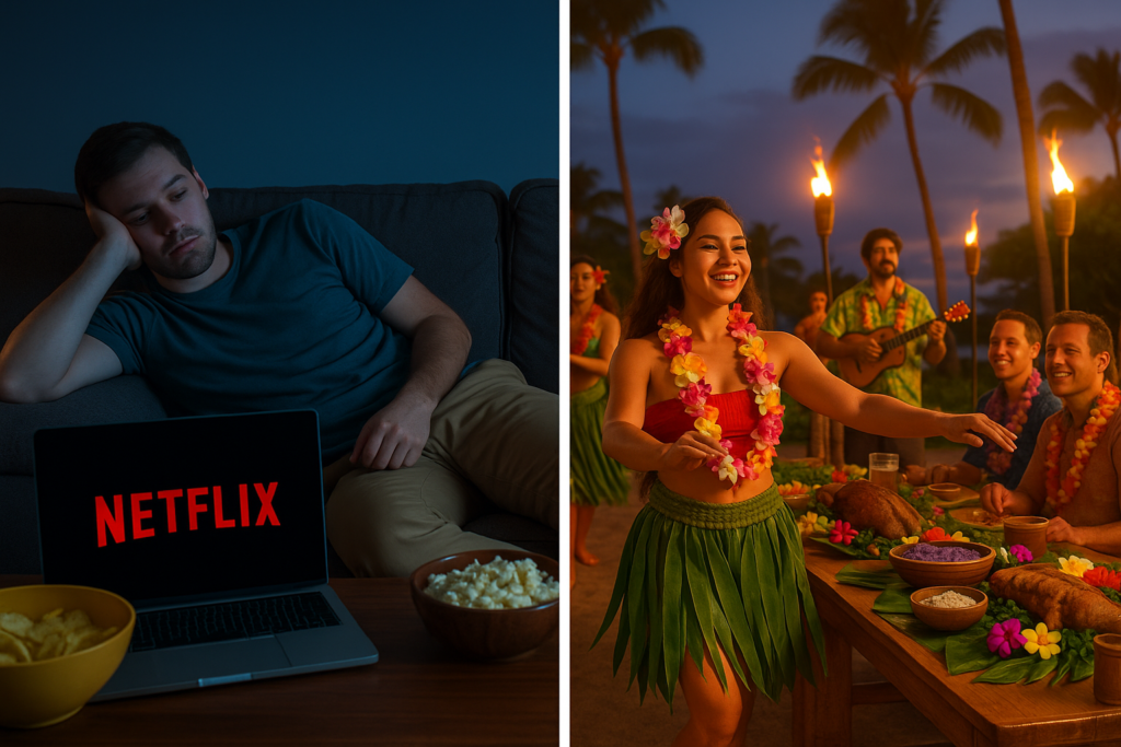 Comparaison entre une soirée Netflix solitaire et un luau hawaïen festif avec danse, musique et plats traditionnels