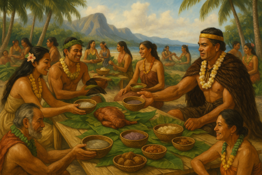 Banquet traditionnel hawaïen avec hommes et femmes partageant des plats autour de tables en plein air à l’époque du roi Kamehameha II